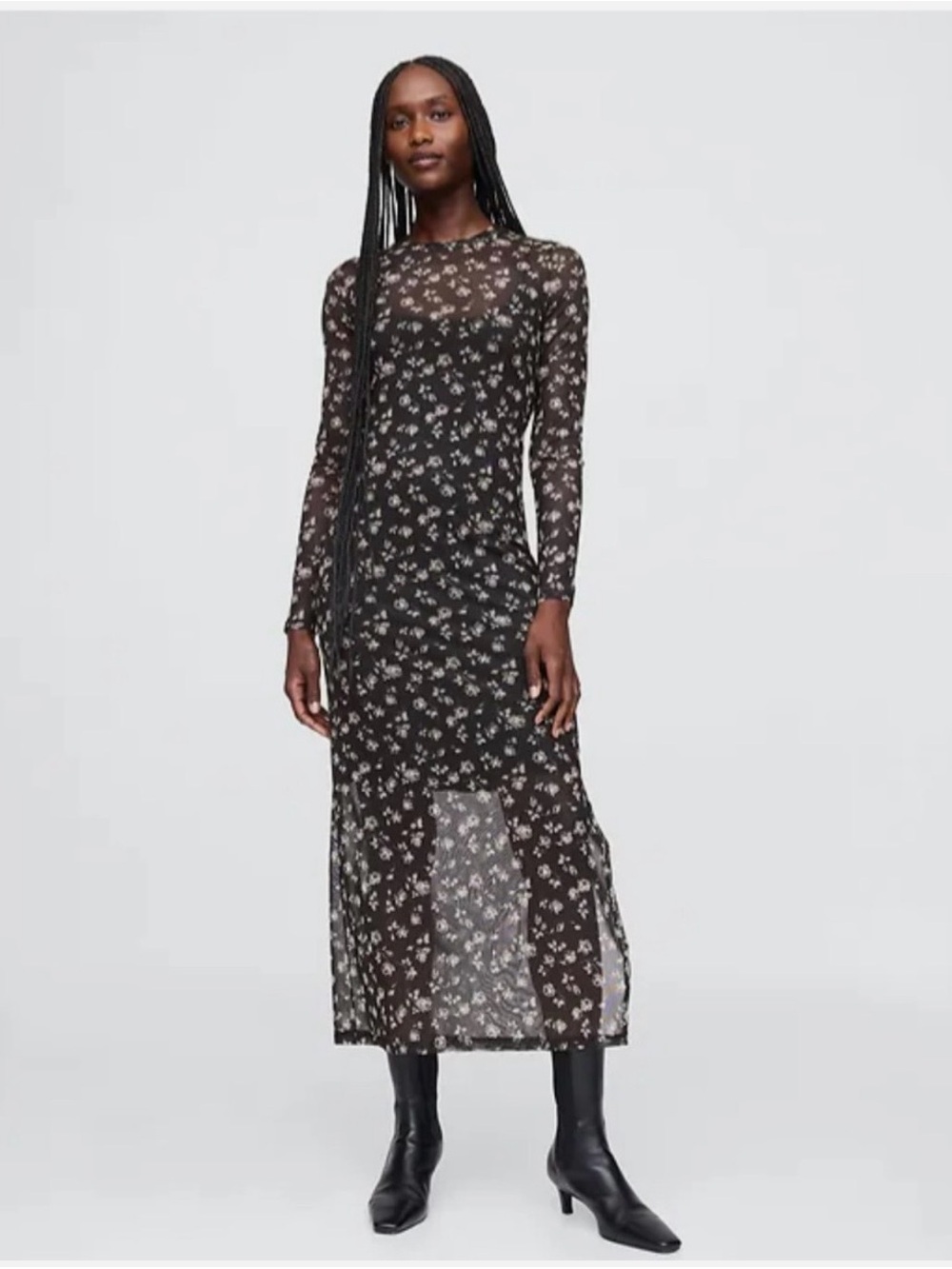 GAP Sheer Long-Sleeve Floral Maxi Dress in Black XL